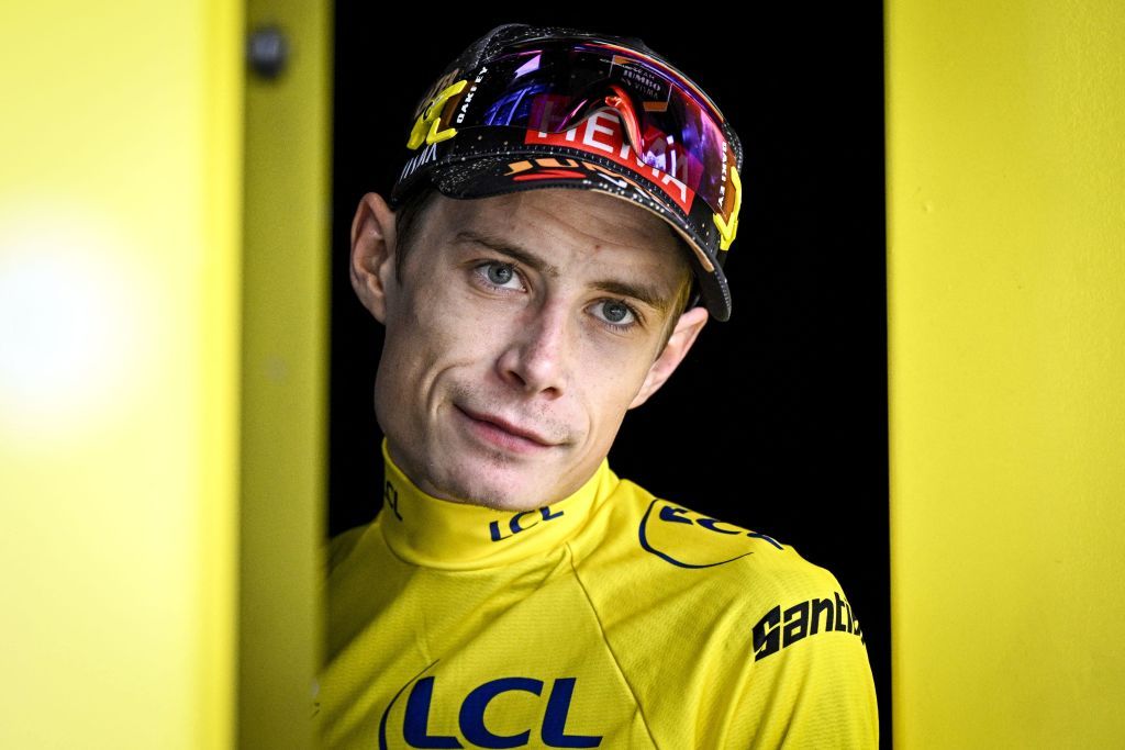 Danish Jonas Vingegaard of JumboVisma celebrates on the podium in the yellow jersey of leader in the overall ranking after stage 19 of the Tour de France cycling race from MoiransenMontagne to Poligny 1728 km France Friday 21 July 2023 This years Tour de France takes place from 01 to 23 July 2023 BELGA PHOTO JASPER JACOBS Photo by JASPER JACOBS BELGA MAG Belga via AFP Photo by JASPER JACOBSBELGA MAGAFP via Getty Images