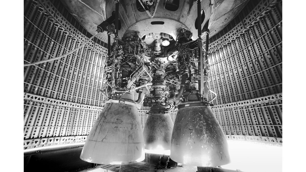 SpaceX&rsquo;s founder and chief executive Elon Musk shared black-and-white images on Sept. 26, 2019, showing off the three Raptor engines on the Starship prototype.