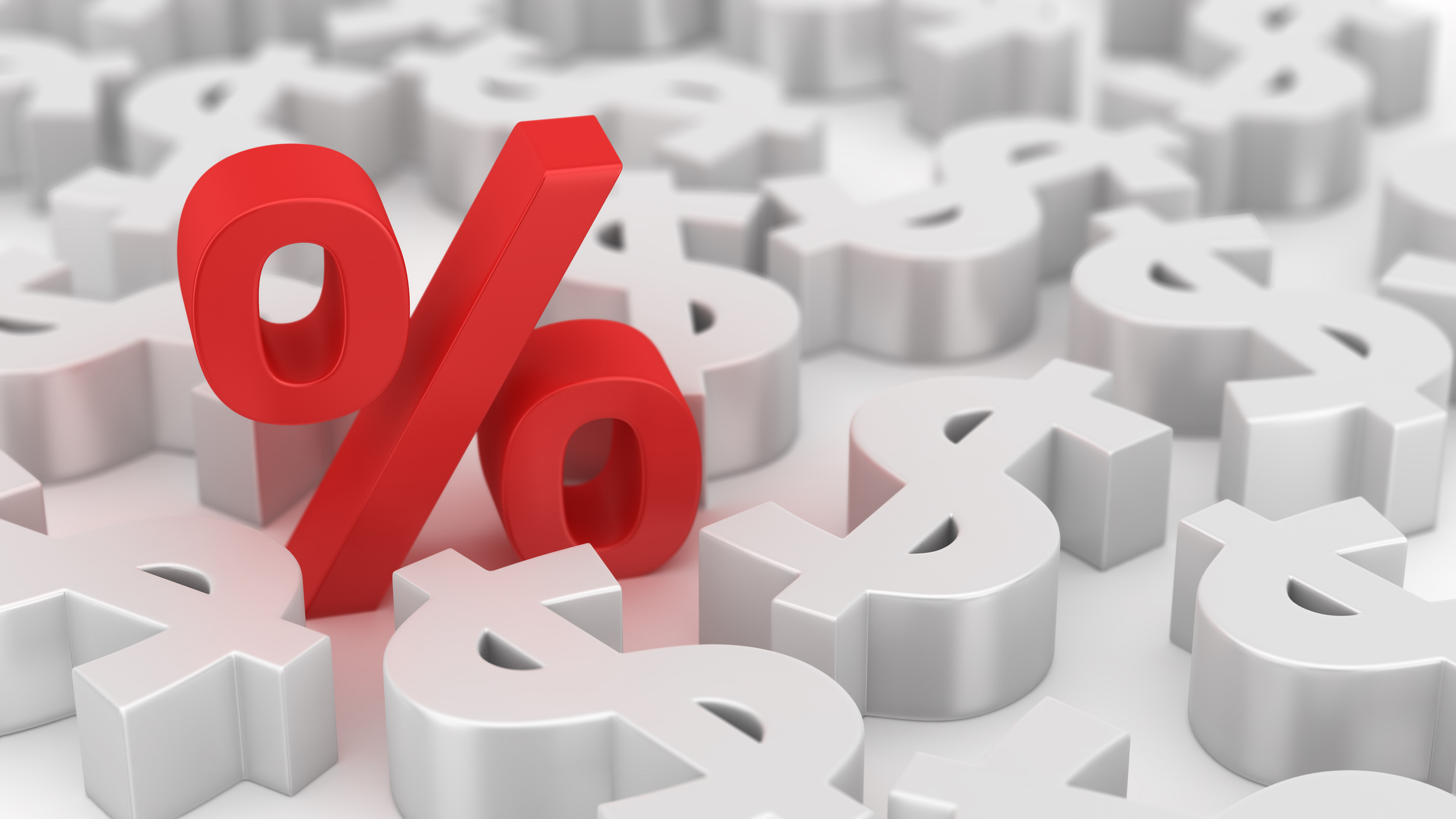 red percent symbol among white dollar signs