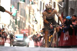 SIENA ITALY MARCH 02 Christophe Laporte of France and Team Visma Lease a Bike competes during the 18th Strade Bianche 2024 Mens Elite a 215km one day race from Siena to Siena 320m UCIWT on March 02 2024 in Siena Italy Photo by Luc ClaessenGetty Images