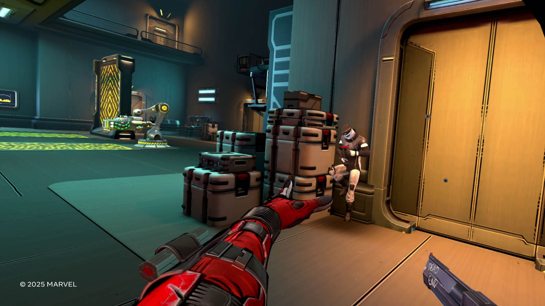 Deadpool pins a guard to a wall with a thrown knife in Marvel's Deadpool VR