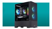 ABS Cyclone Ruby Gaming PC against a teal background, with a white border