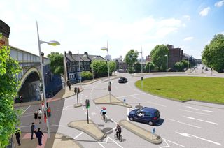 Wandsworth roundabout featuring segregated lanes for cycles and other traffic