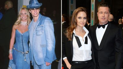 Celebrities wearing co-ordinated looks - L: Britney Spears and Justin Timberlake, R: Angelina Jolie and Brad Pitt