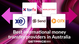 Pink background with five square logos of IMT providers with white writing underneath that says Best international money transfer providers in Australia