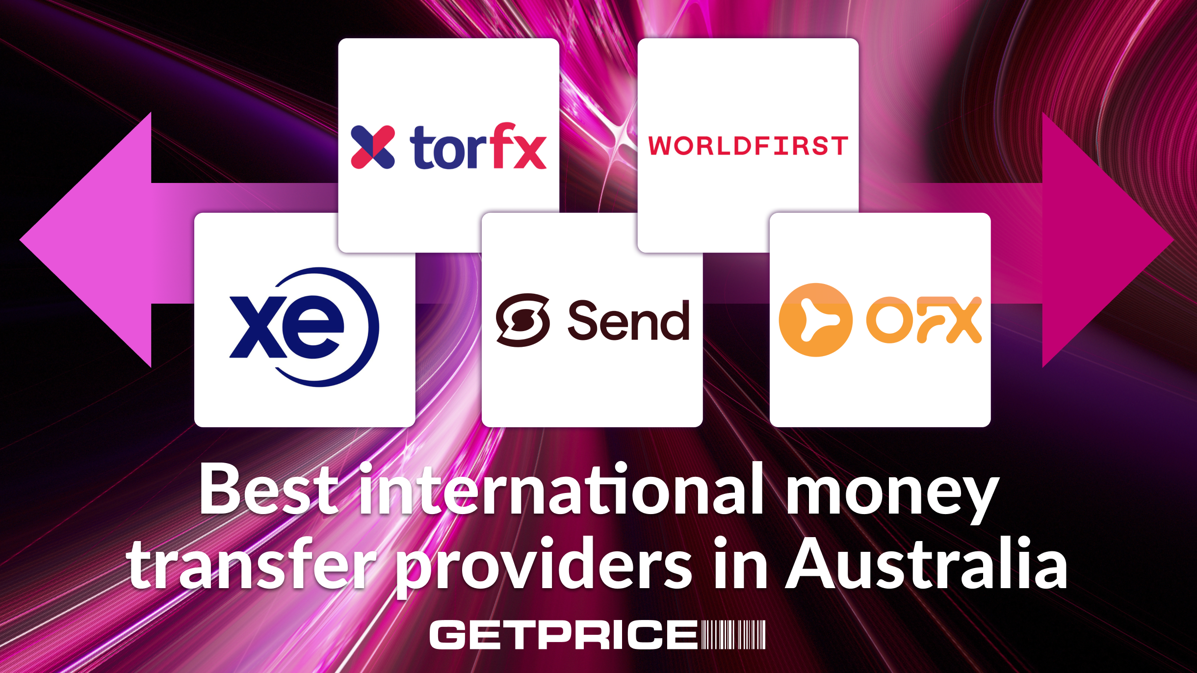 Pink background with five square logos of IMT providers with white writing underneath that says Best international money transfer providers in Australia