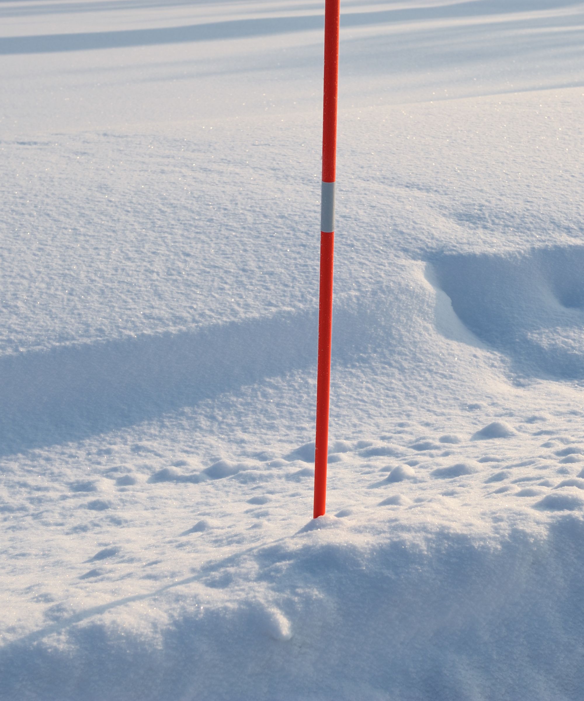 A red plastic snow marker stuck into deep snow.