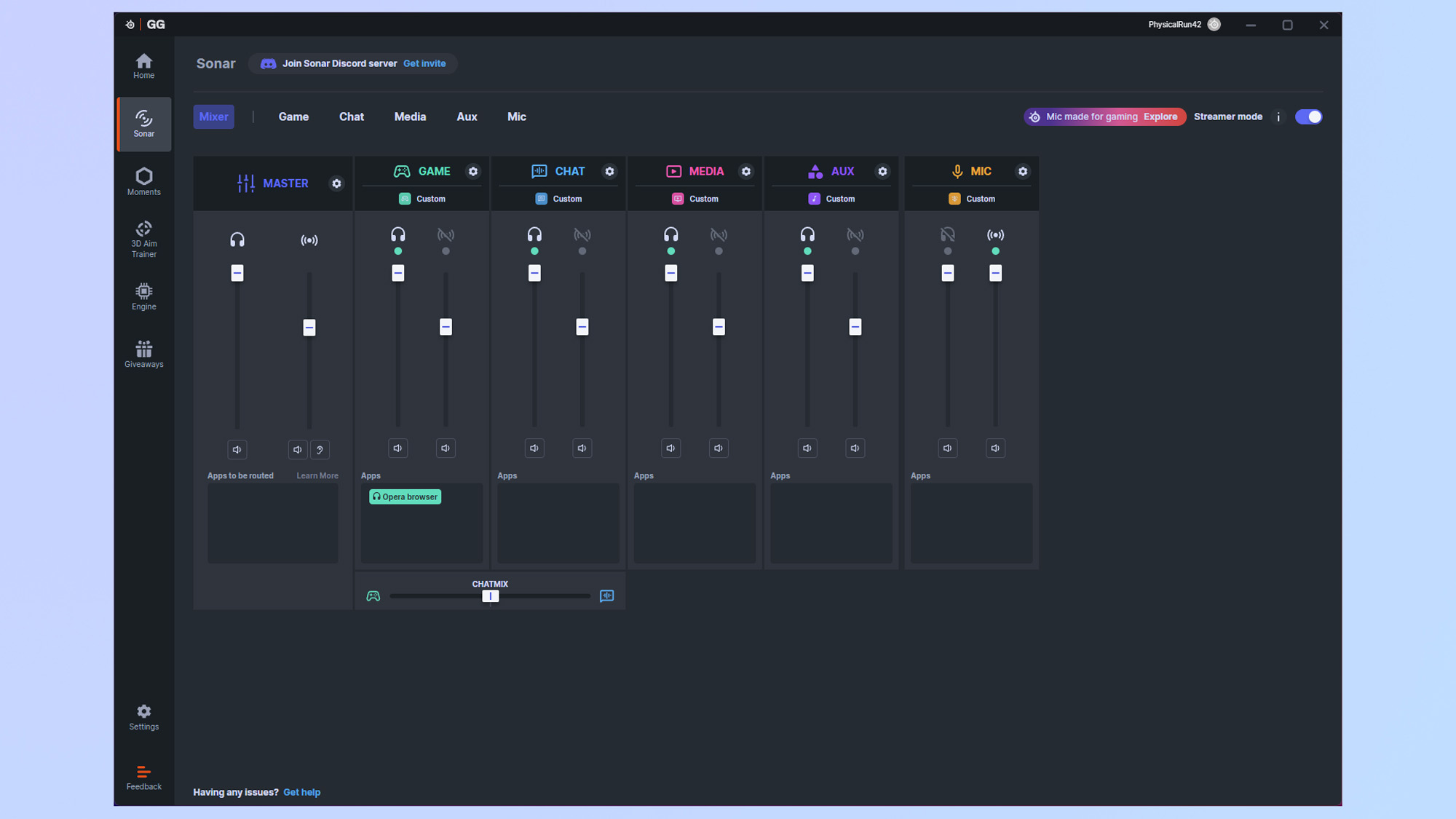 A screenshot of the SteelSeries GG app showing input levels being adjusted