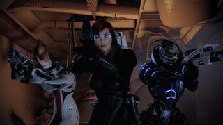 Shepard, Mordin, and Garrus posing like heroes