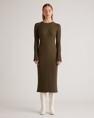 Cotton Cashmere Ribbed Long Sleeve Crew Midi Dress