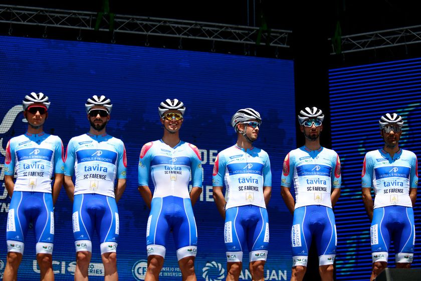 SAN JUAN, ARGENTINA - JANUARY 22: A general view of Delio Fernandez of Portugal, Alvaro Trueba of Spain, Venceslau Fernandes of Portugal, Ruben Simao of Portugal, Rafael Lourenço of Portugal, Carlos Salgueiro of Portugal and Team APHotels and Resorts - Tavira prior to the 39th Vuelta a San Juan International 2023, Stage 1 a 143,9km stage from San Juan to San Juan on January 22, 2023 in San Juan, Argentina. (Photo by Maximiliano Blanco/Getty Images)