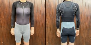 Female cyclist wearing the Cafe du Cycliste Adeline Fade Bib Shorts which are some of the best bib shorts for women