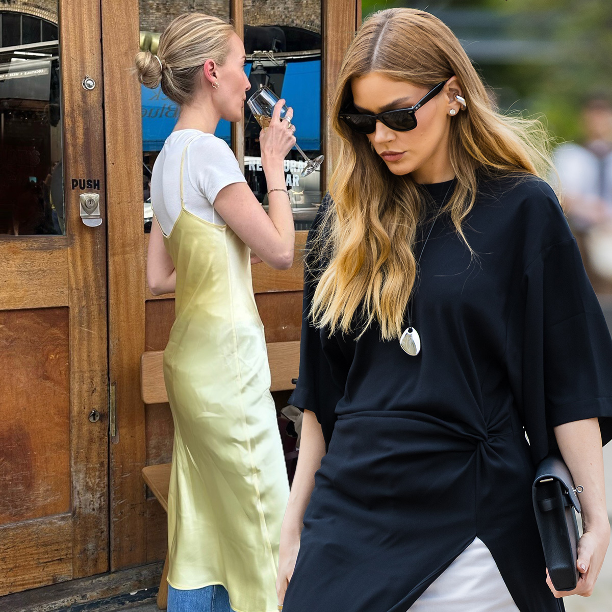 a woman wears a yellow dress with jeans and a woman wears a black top with white jeans.