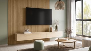 living room with wooden vertical panelling on main wall with TV mounted on panelling and wall mounted cabinet below