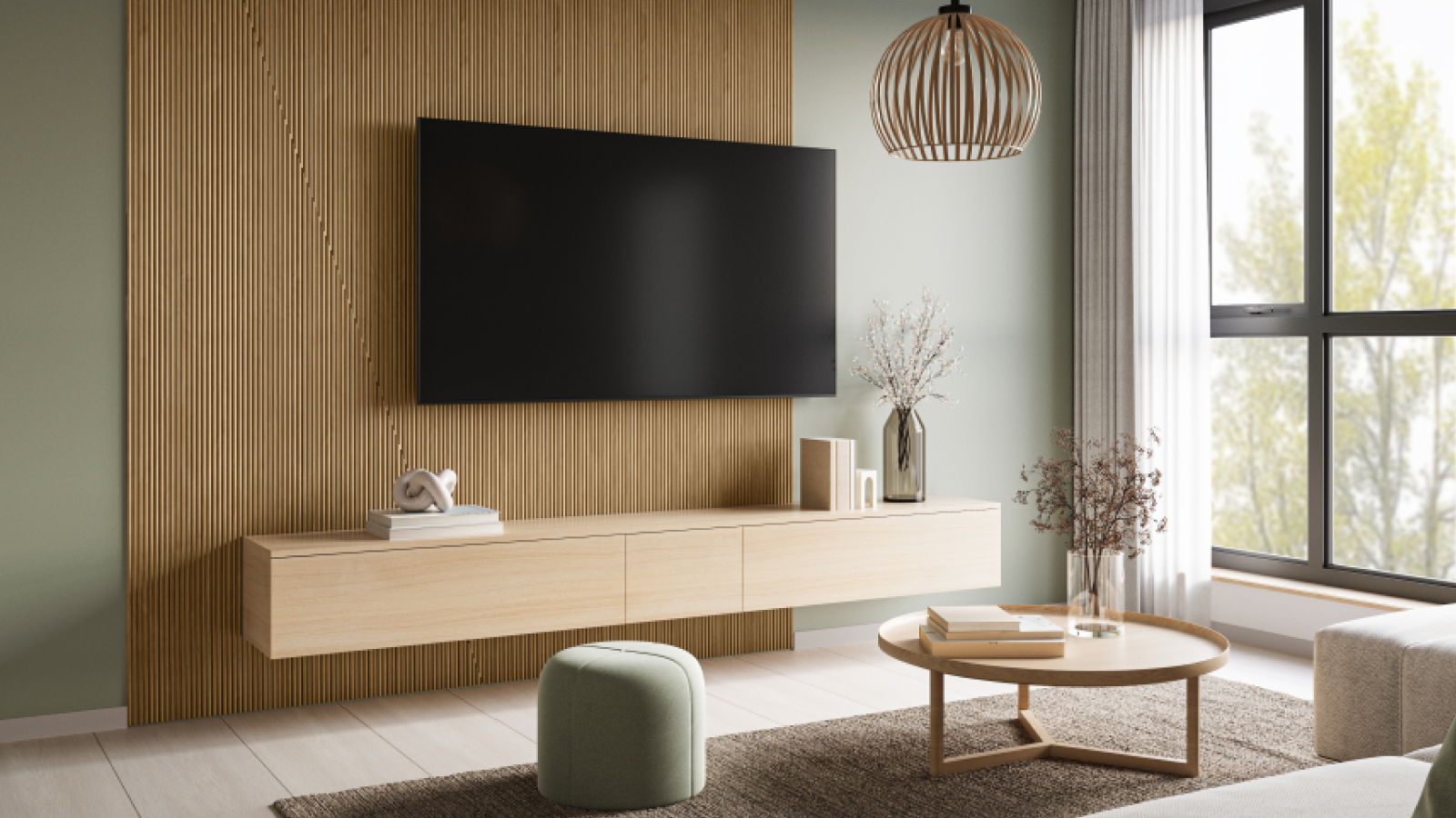 living room with wooden vertical panelling on main wall with TV mounted on panelling and wall mounted cabinet below