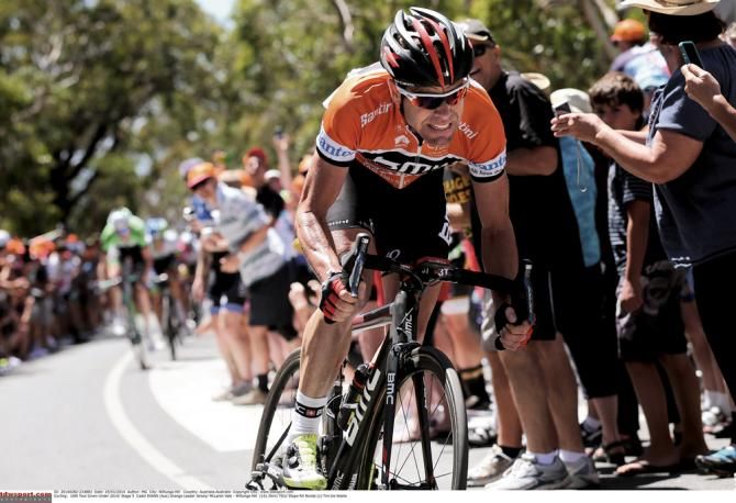 Cadel Evans: Wearing the leader's jersey in the 2014 Tour Down Under