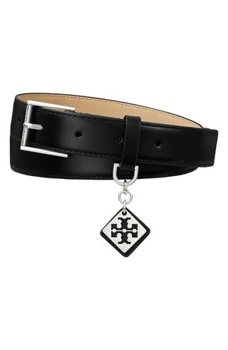 Tory Burch Swing Leather Belt in black on white background