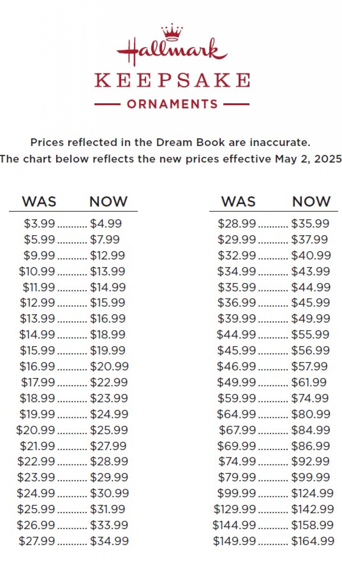 A digital flyer from Hallmark Keepsake Ornaments shows new prices for products sold in the 2025 Dream Book effective May 2, 2025.
