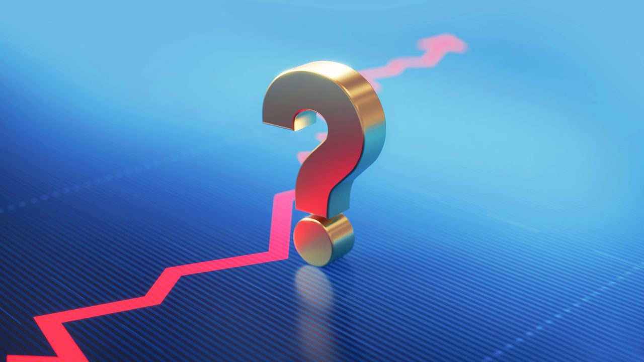 A question mark on top of a financial graph with a red line and a blue background.