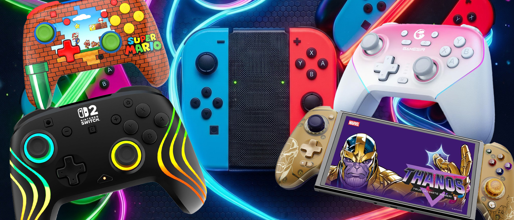 A collection of controllers for the Nintendo Switch 2