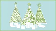 Vintage mid-century illustration of three Christmas trees with presents