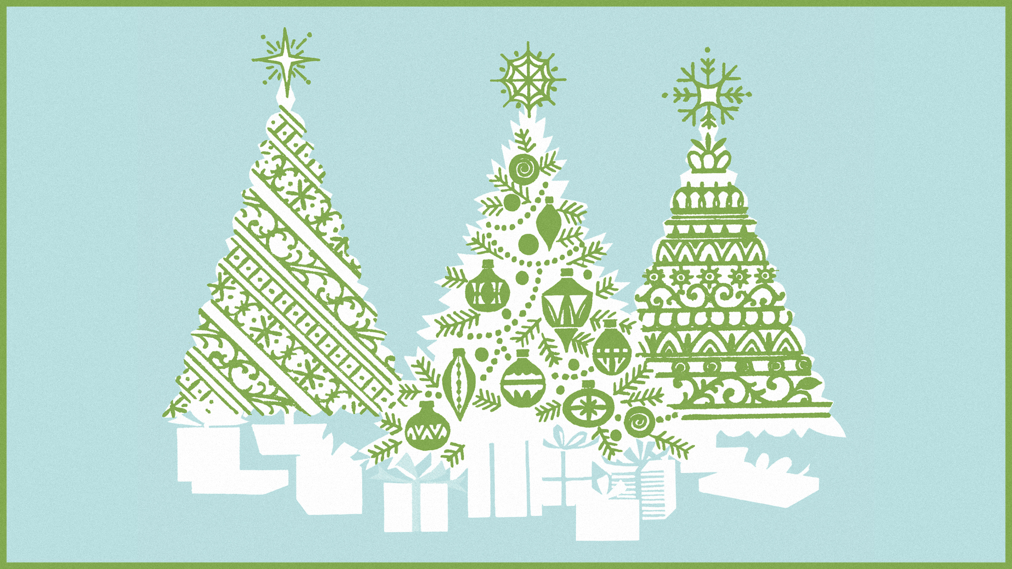 Vintage mid-century illustration of three Christmas trees with presents
