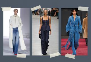 A collage of runway images featuring denim trends from the fall/winter 2024 collections.