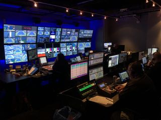 The control room in Louis Armstrong Stadium manned by Van Wagner Sports and Entertainment's production crew.