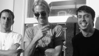 Foo Fighters group portrait, London, 1997. L to R: Chris Shiflett, Taylor Hawkins, Dave Grohl