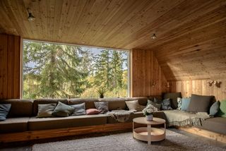 seating in timber a-frame house