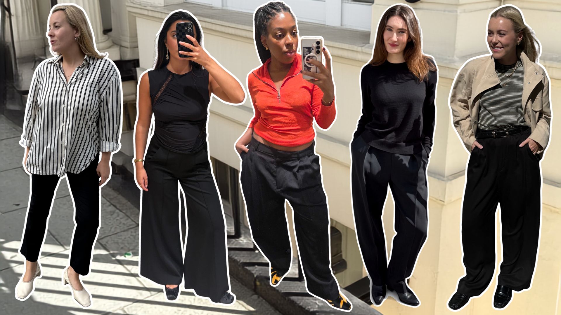 A collage of Who What Wear UK fashion editors trying on the best black tailored trousers.