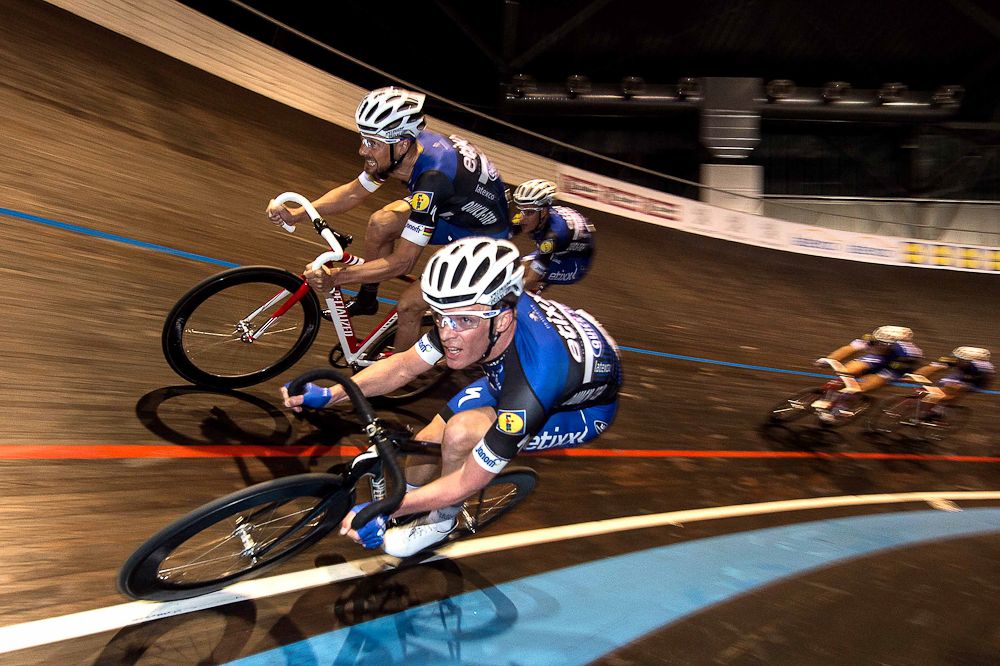 Iljo Keisse and Tom Boonen on the track for one of the exhibition races at the Etixx-QuickStep team presentation.