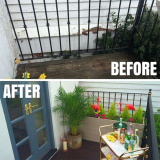 A before and after view of a small decked balcony garden which has been transformed from an untidy space into an entertaining area with fun decorations.