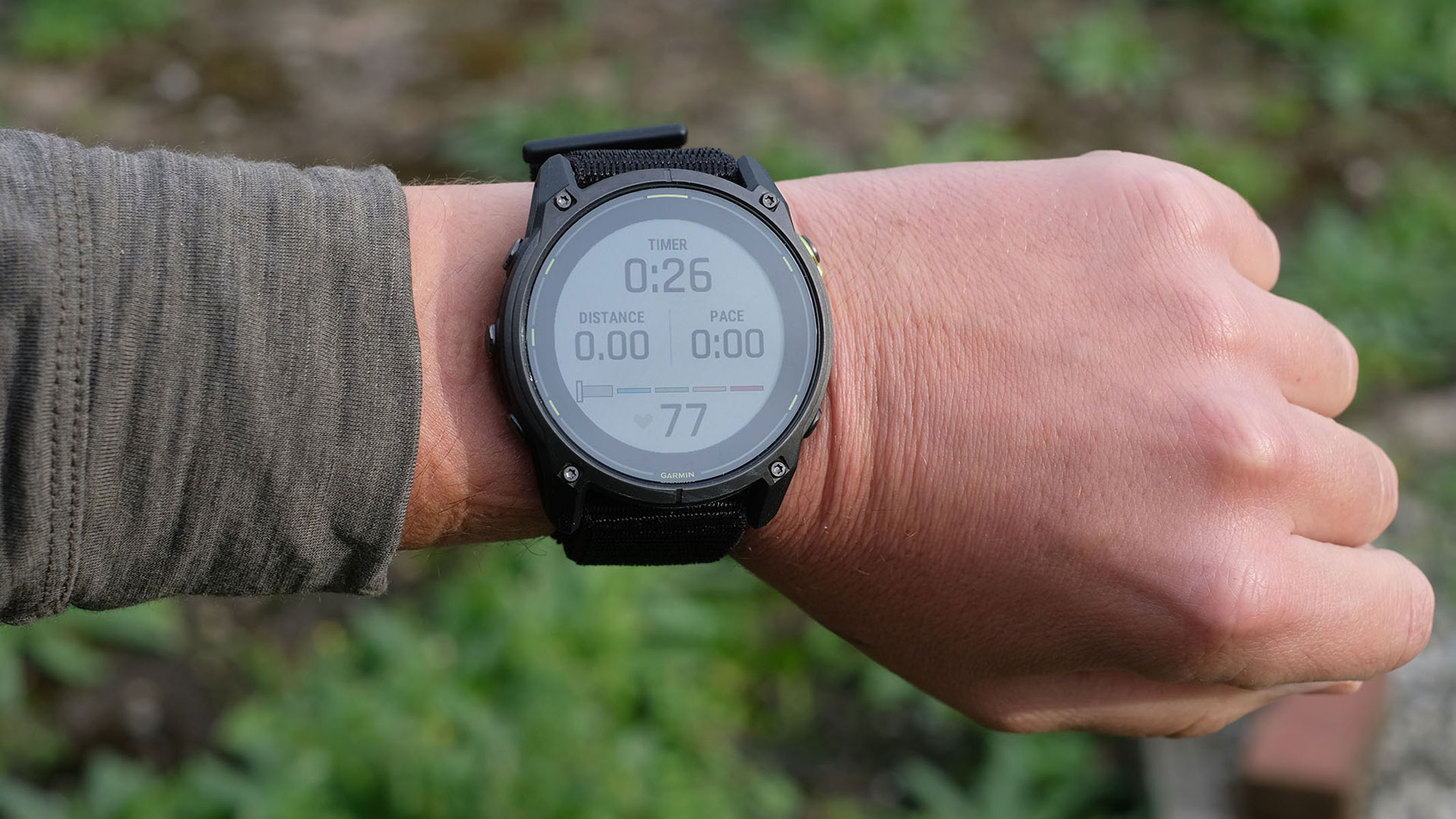 A close-up picture of real-time workout stats on our reviewer's Garmin Enduro 3 smartwatch