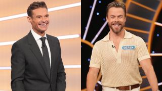 From left to right: a side by side of Ryan Seacrest and Derek Hough, both smiling while on Celebrity Wheel of Fortune.