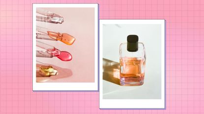 Scent layering: pictured four pipettes with brightly colored liquid alongside a picture of a single perfume bottle with orange liquid inside/ in a pink and cream template