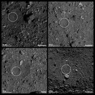 NASA's OSIRIS-REx mission will grab a sample at one of these four collection sites, which have been nicknamed (clockwise from top left) Nightingale, Kingfisher, Sandpiper and Osprey.