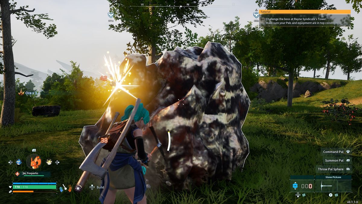 sparks fly as a player mines an ore deposit with a Metal Pickaxe