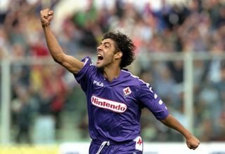 Rui Costa celebrates a goal for Fiorentina against Empoli in 1998.