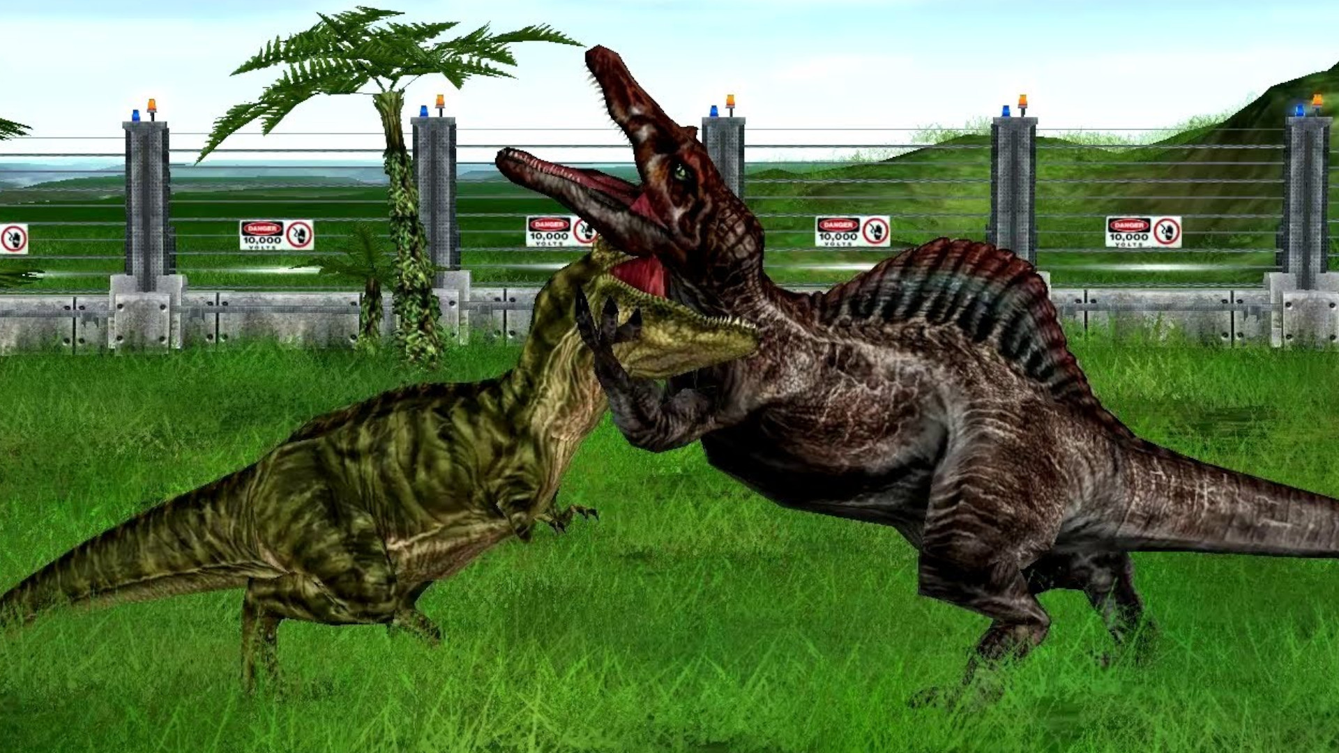 Two dinosaurs biting each others necks during one of the best Jurassic Park game, Operation Genesis