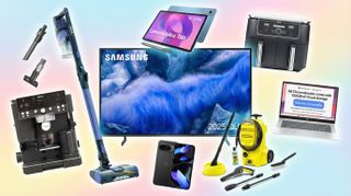 A collage of tech from the Argos Big Red sale, including a Samsung TV, Ninja Air Fryer, Pixel phone, HP laptop, and more.