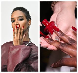 a collage of the moody red nail trend at fw 2024 fashion week