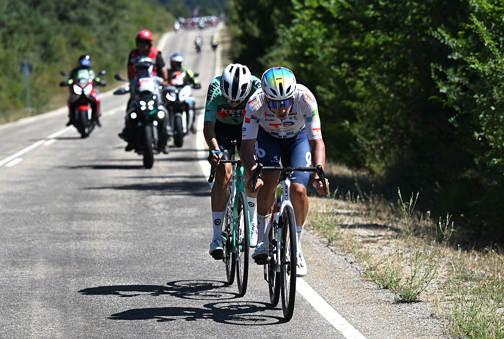 Rayan Boulahoite (TotalEnergies) and Diego Uriarte (Equipo Kern Pharma) ride in the breakaway