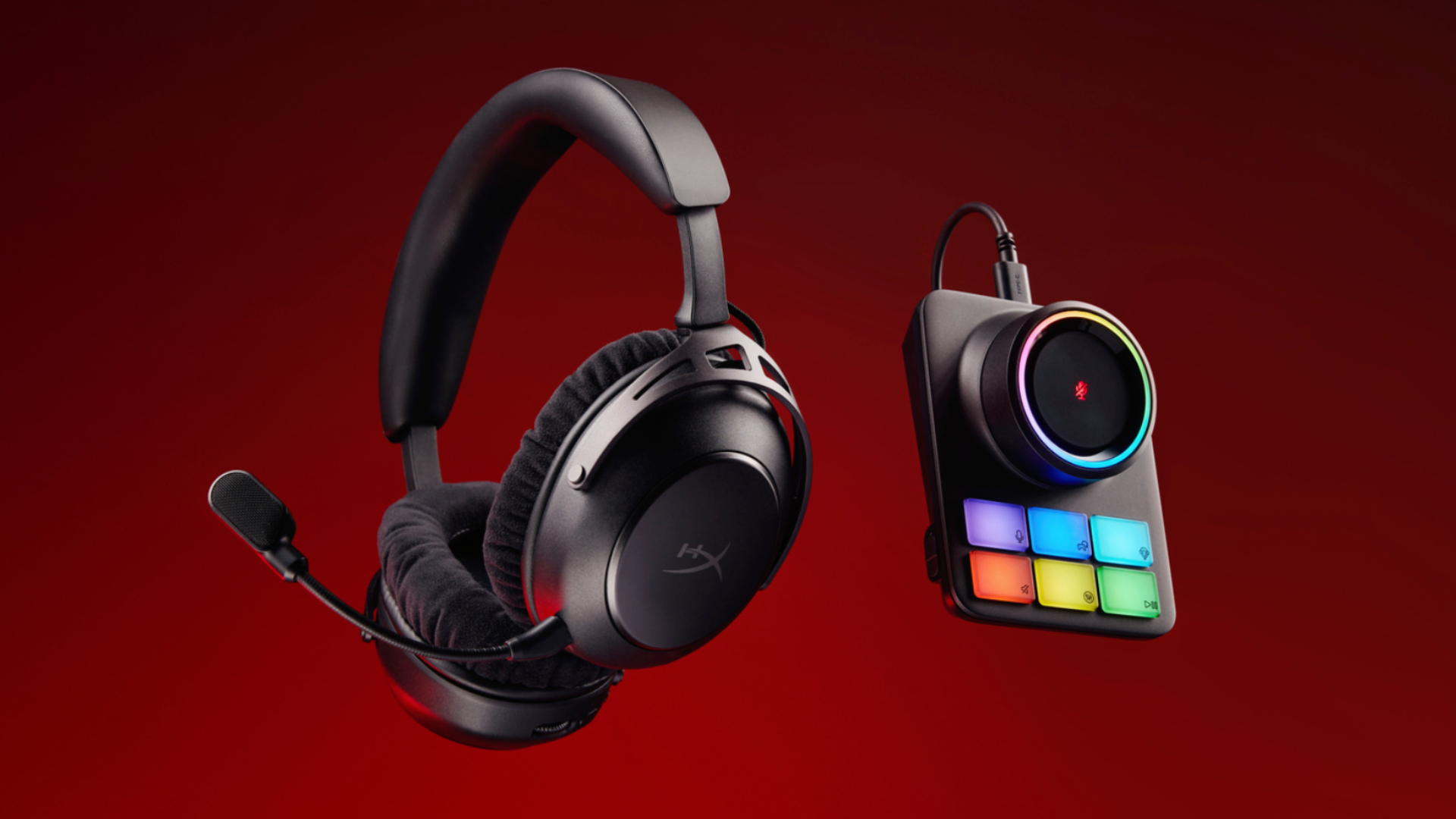 The HyperX Cloud Alpha 2 Wireless gaming headset next to its RGB base station on a dark red background
