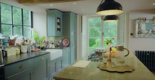 Pale blue kitchen in Alice temperley's house