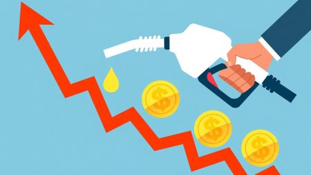 An illustration of a hand holding a gas pump over a rising chart with gold coins on it. 