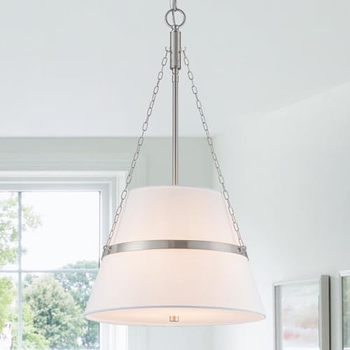 Modern Brushed Nickel Drum Chandeliers for Dining Room Light Fixture 15.35&amp;rdquo; Cone White Linen Pendant Lights Kitchen Island 4-Light Adjustable Ceiling Hanging Light for Kitchen Foyer Entryway Bedroom