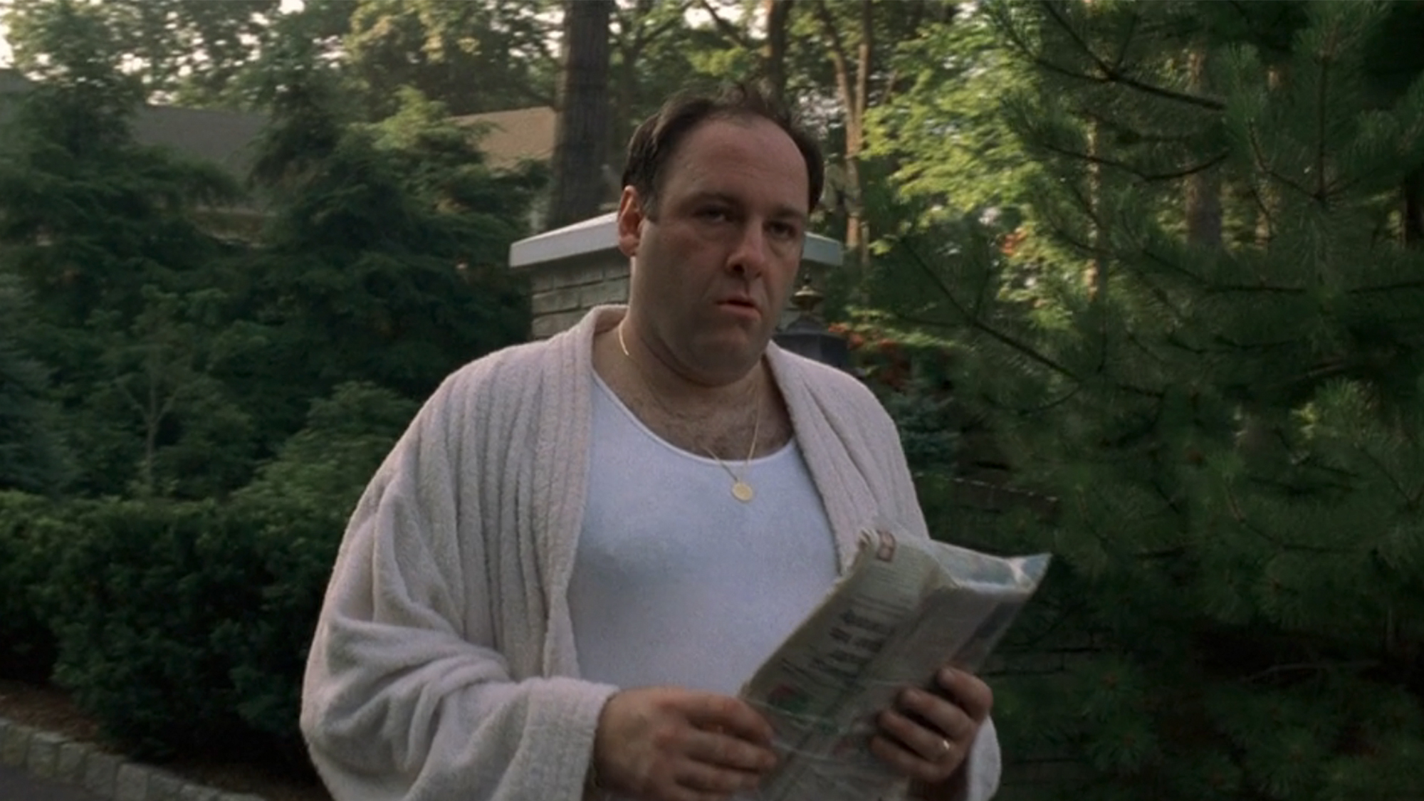 James Gandolfini holding a newspaper in The Sopranos.