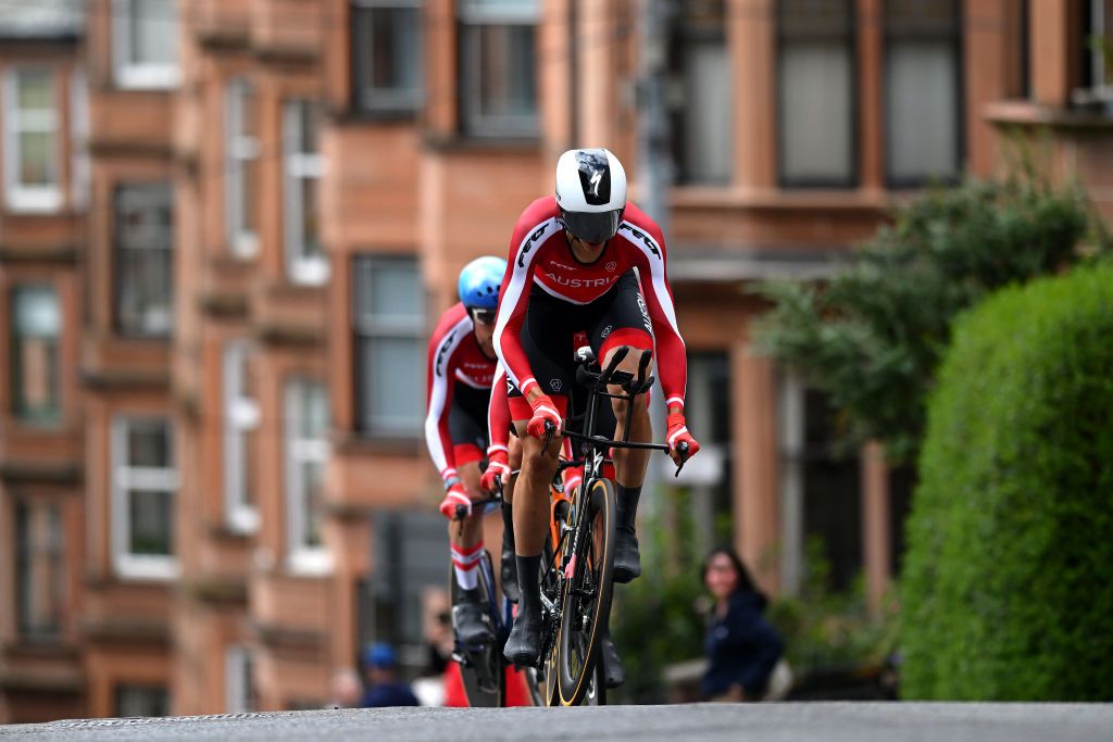 GLASGOW SCOTLAND AUGUST 08 Patrick Gamper of Austria sprints during the Team Time Trial Mixed Relay a 403km race from Glasgow to Glasgow at the 96th UCI Cycling World Championships Glasgow 2023 Day 6 UCIWT on August 08 2023 in Glasgow Scotland Photo by Dario BelingheriGetty Images