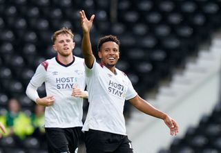 Derby County season preview 2023/24 Korey Smith of Derby County (R) celebrates after scoring during the pre-season friendly match between Derby County and Sheffield United at Pride Park on July 29, 2023 in Derby, United Kingdom. (Photo by SportImage/Getty Images)